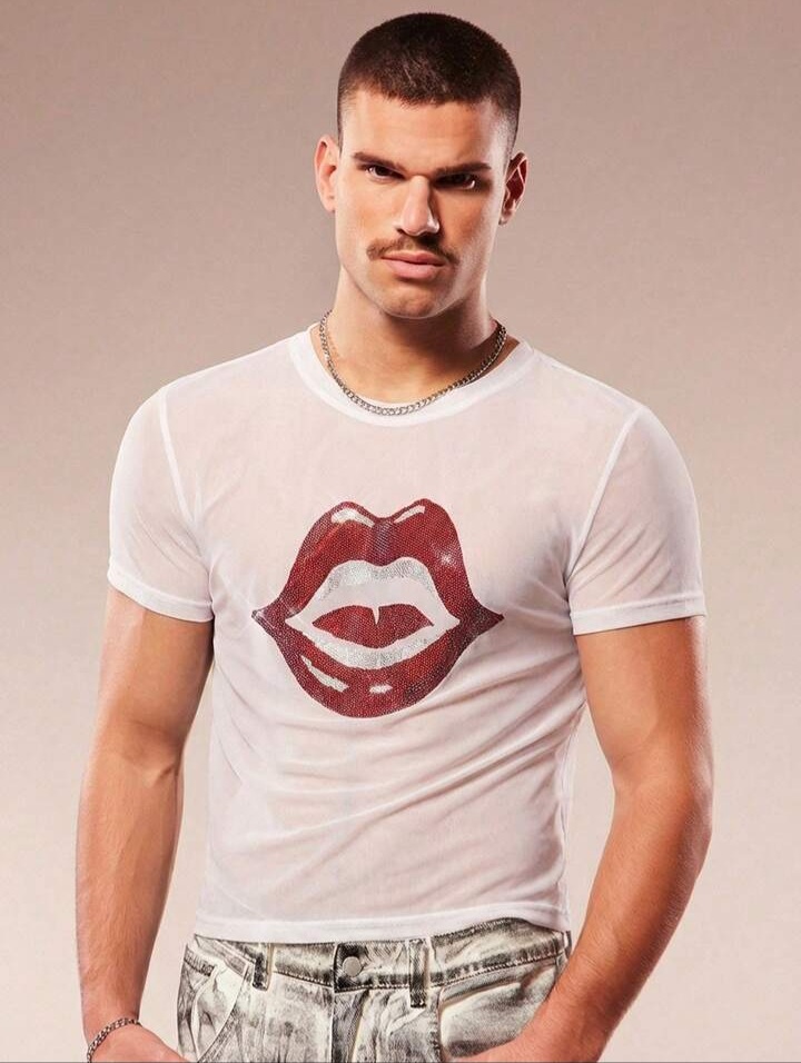 Men's Rhinestone Lip Print Round Neck Short Sleeve T-Shirt